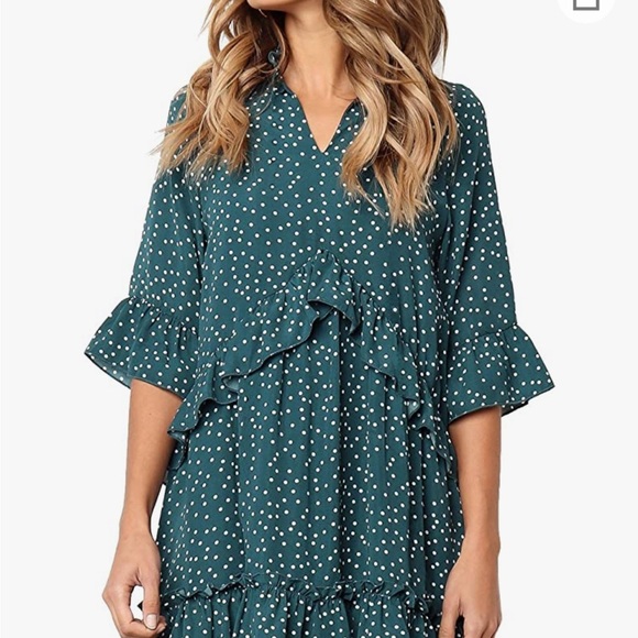 V Neck Ruffle Polka Dot Pocket Short Dress dark green (medium) - Picture 4 of 8